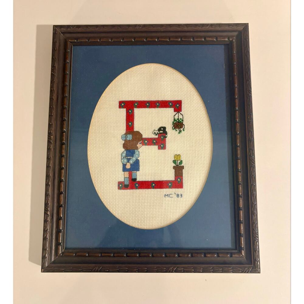 Vintage Framed Cross Stitch E With Brunette Girl from the 80s